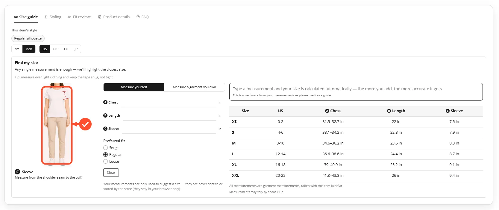The measurement figure and size chart shown on the storefront