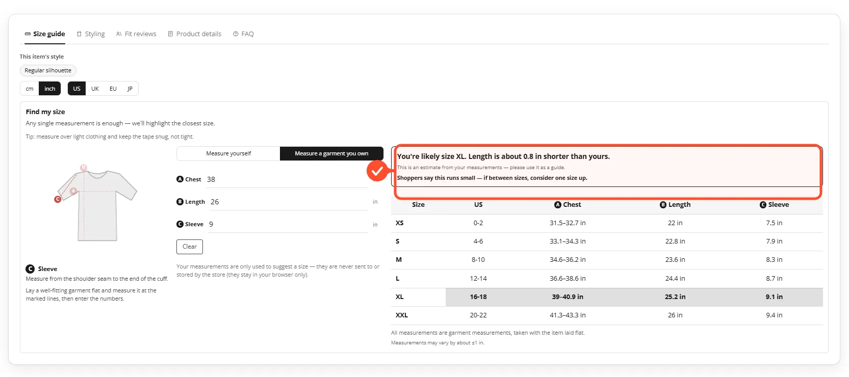 The fit finder suggesting a size