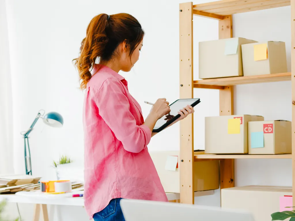 Small-shop owner entering product details on a tablet in front of stock shelving