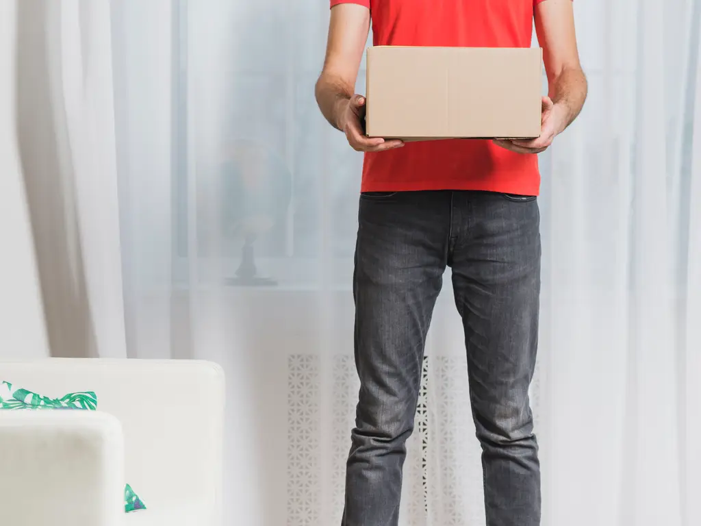 A courier in a red T-shirt holding a cardboard box in a living room beside a white sofa