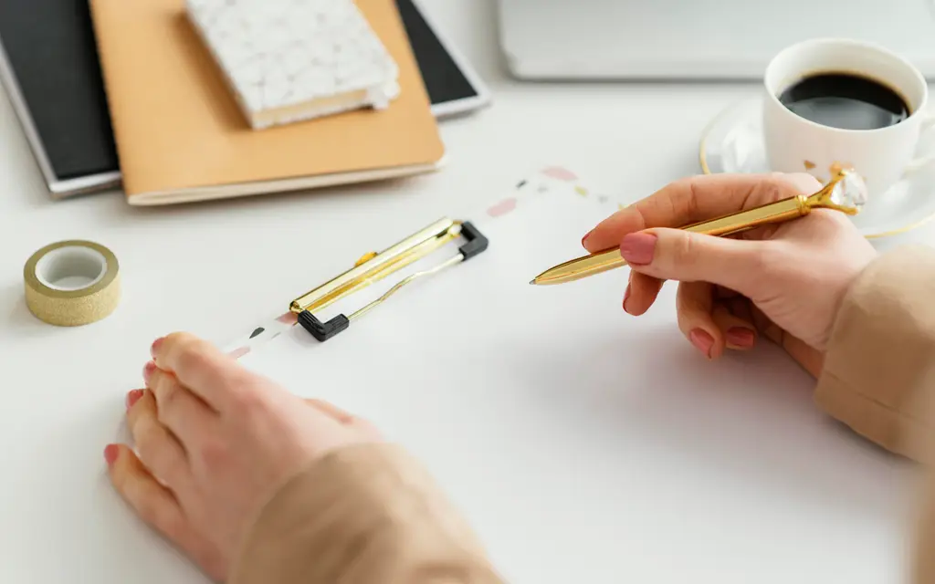 Hands holding a pen over a blank list on a desk (illustrative photo)