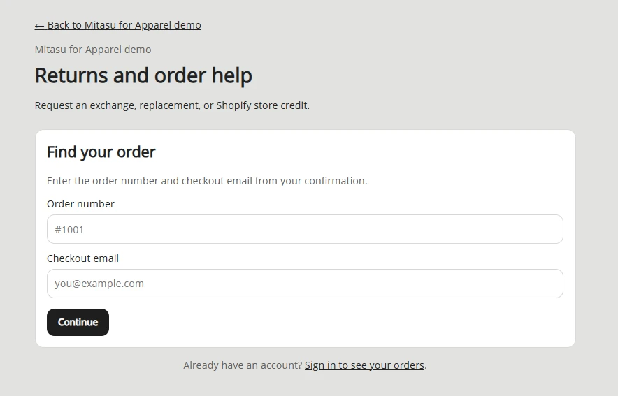 A returns portal screen titled Returns and order help, with fields for an order number and checkout email and a Continue button
