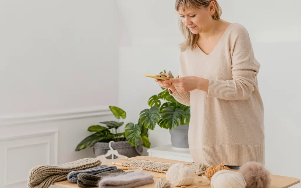 A shop owner photographing knitwear laid out on a work table (illustrative photo)