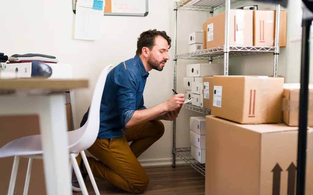A shop worker writing customer details on a clipboard beside packed parcels (illustrative photo)